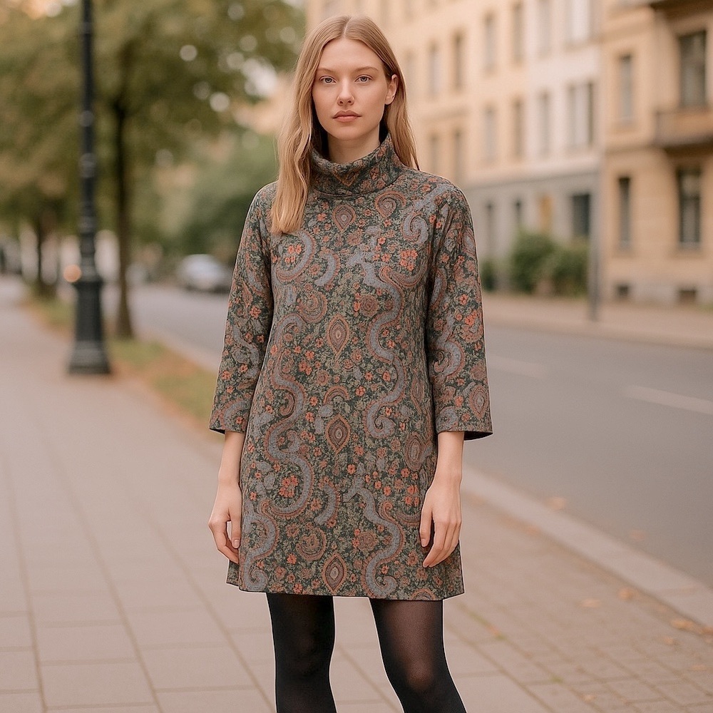 Turtleneck Paisley Shift Dress in Olive